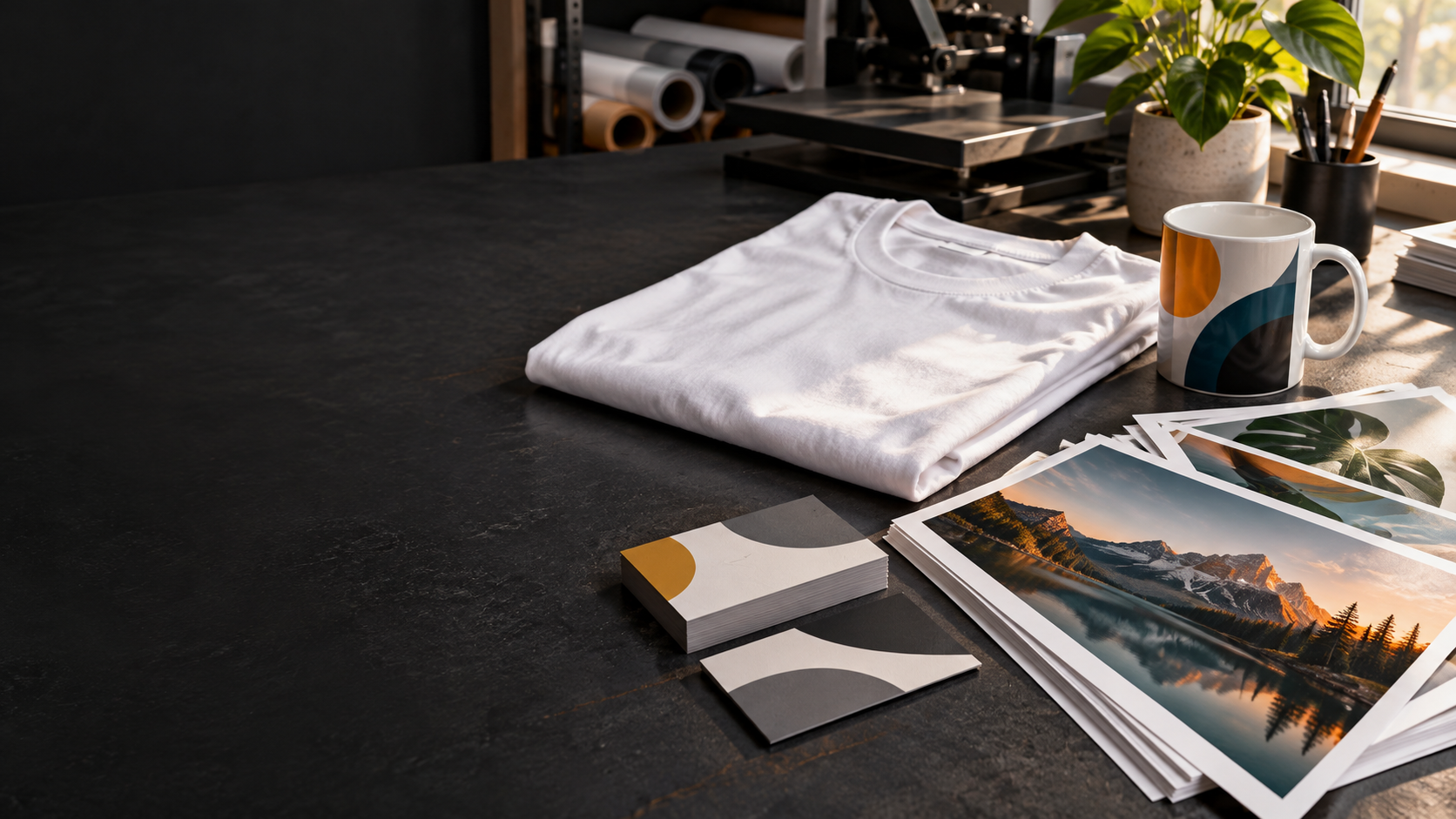 Illustration of printed shirt, mug, photos and business cards