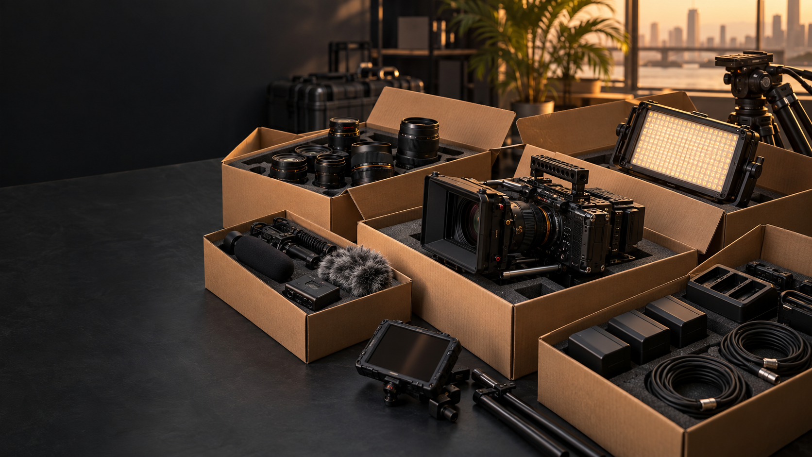 Illustration of professional filmmaking equipment packed for sourcing